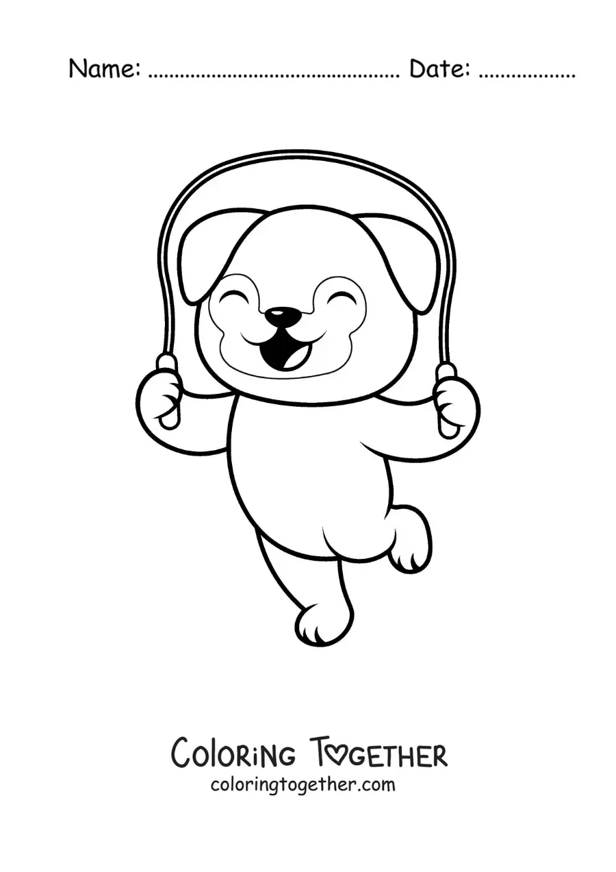 Coloring page of an animated dog jumping rope