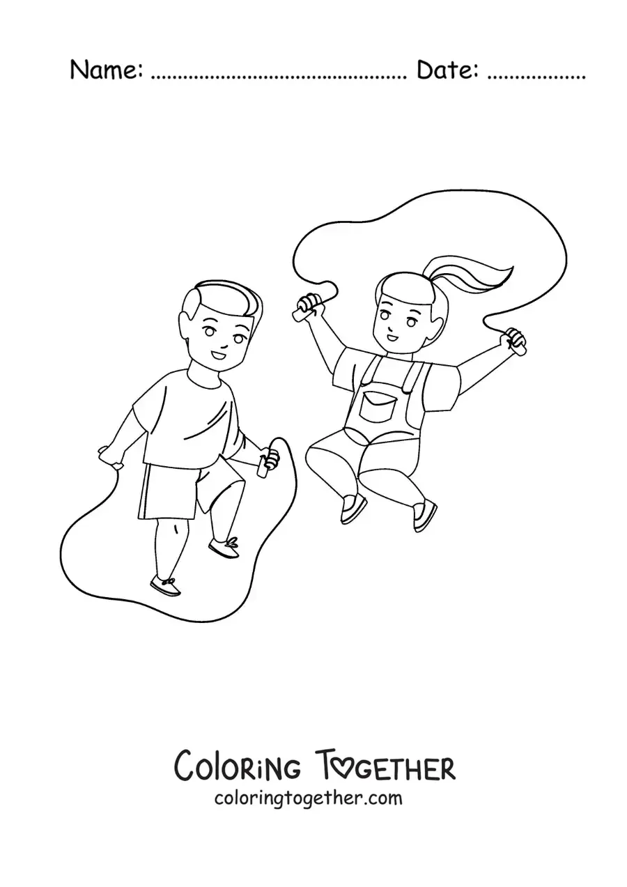 Coloring page of children jumping rope