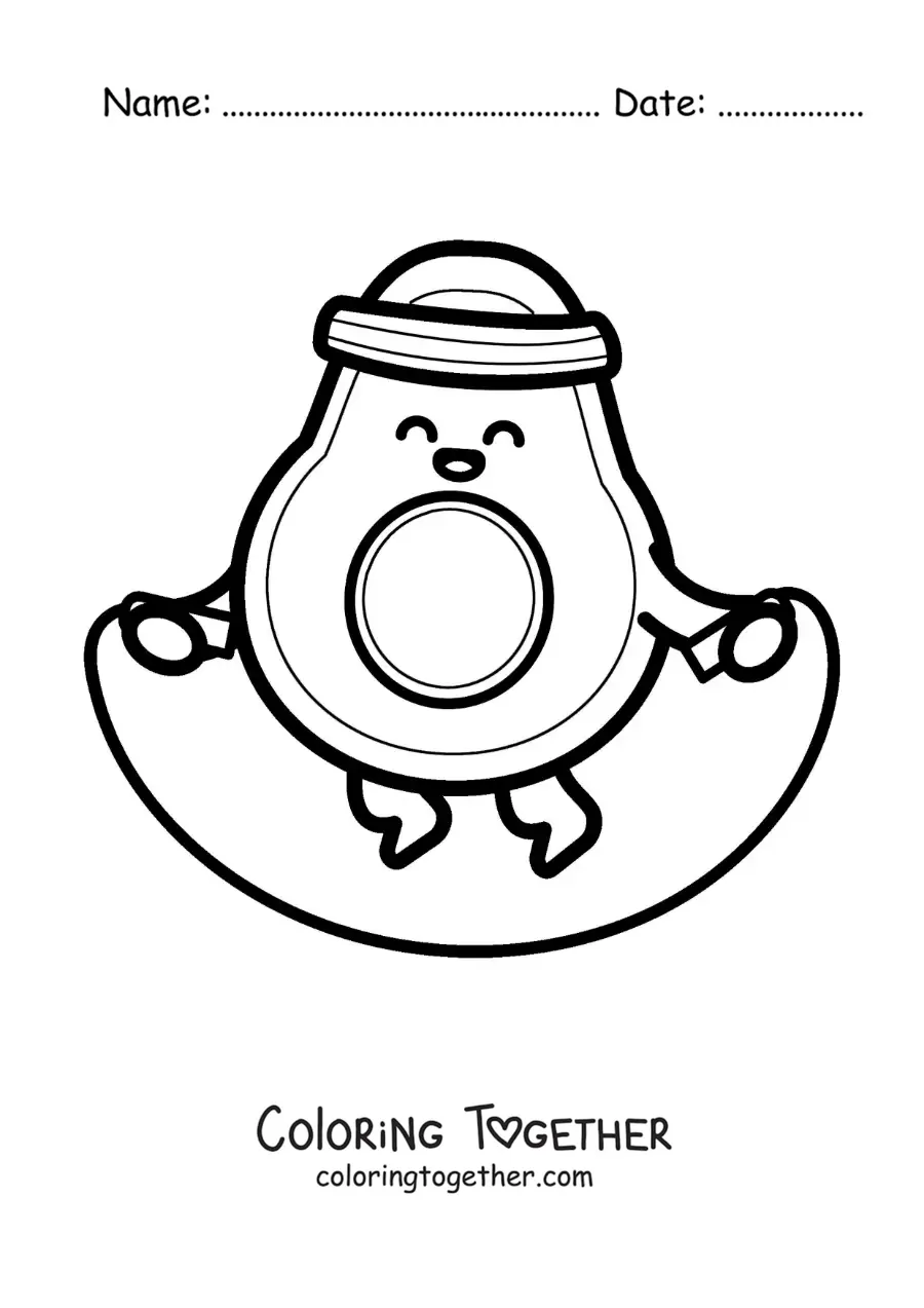Coloring page of an animated kawaii avocado jumping rope