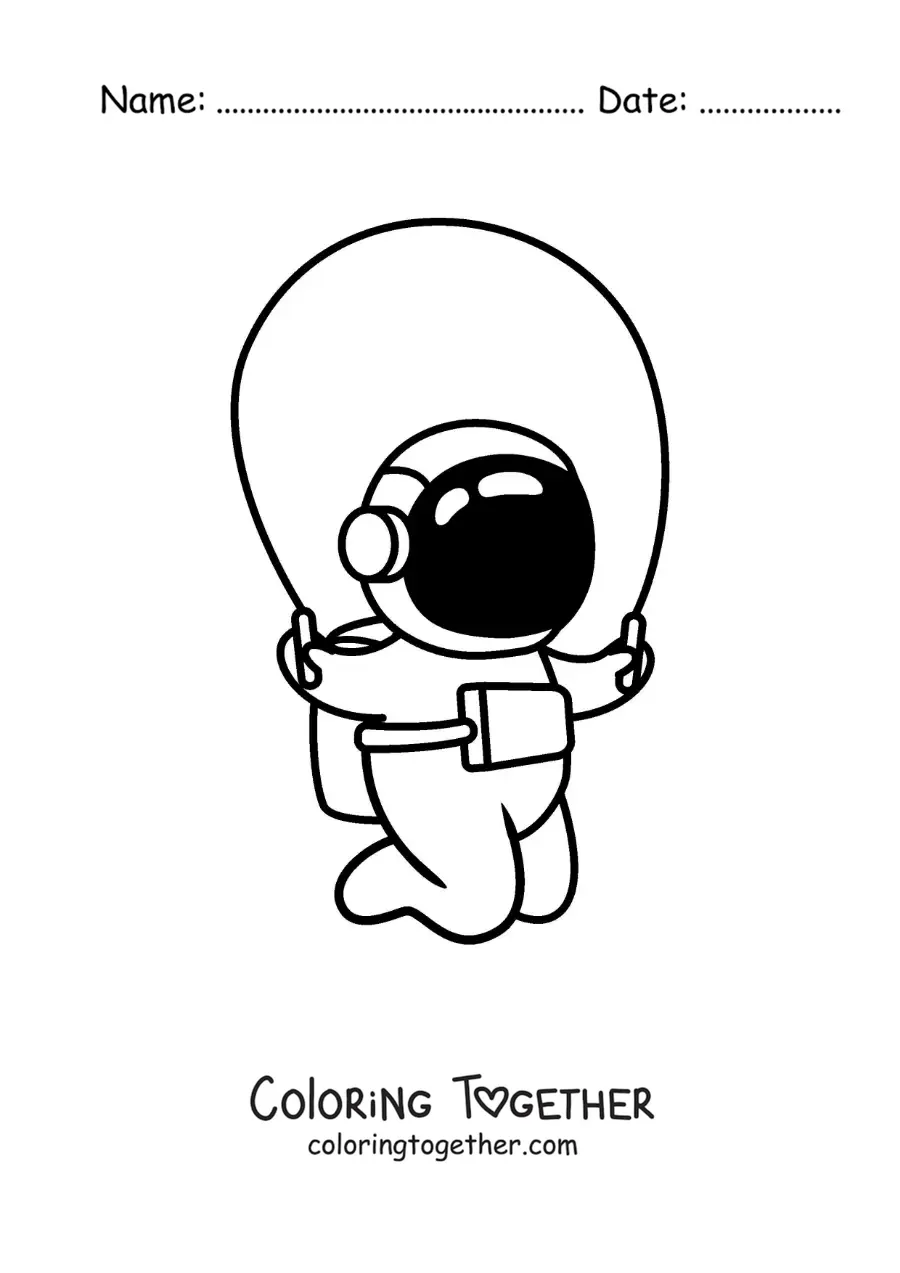 Coloring page of an animated astronaut jumping rope