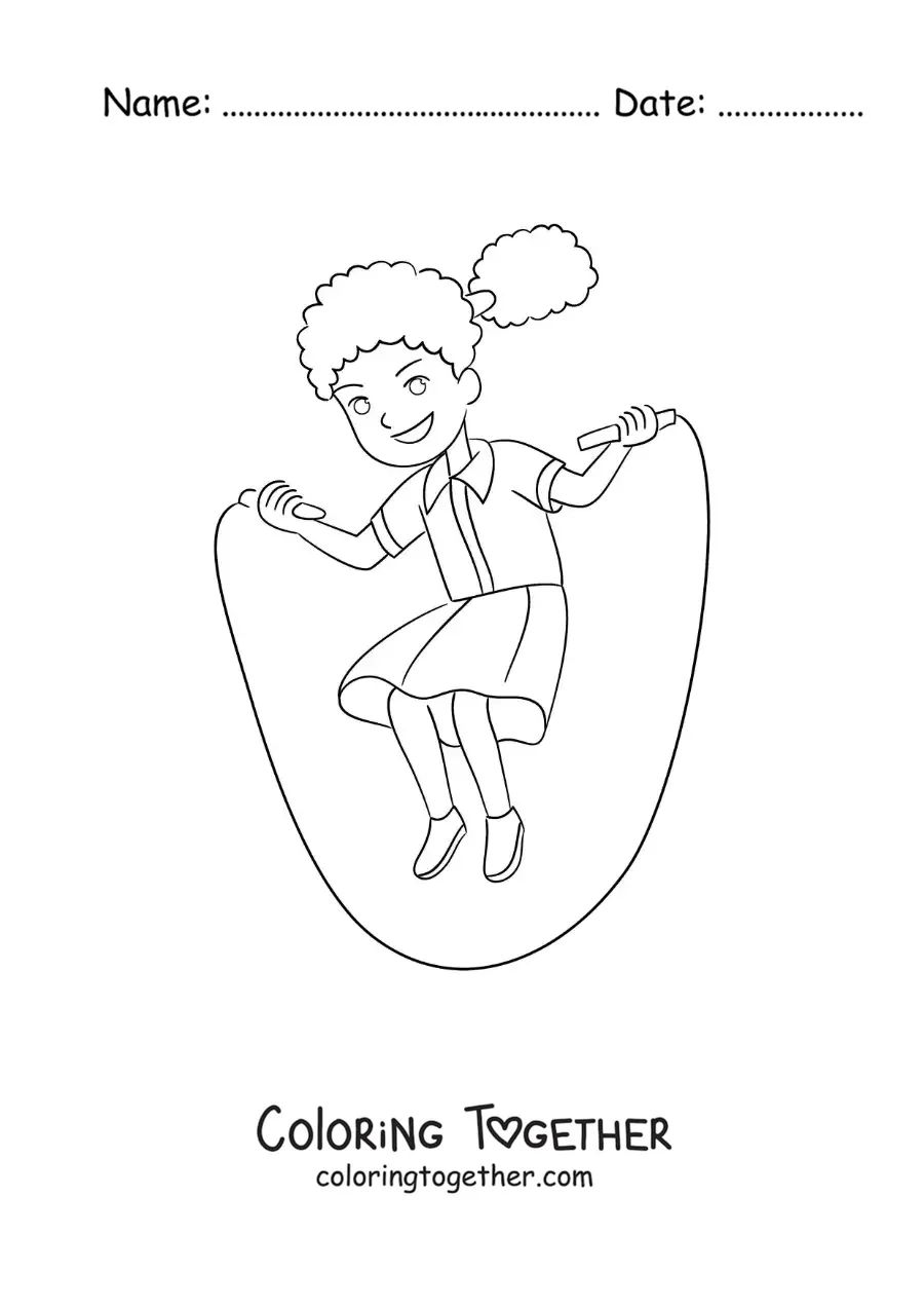 Coloring page of a girl jumping rope