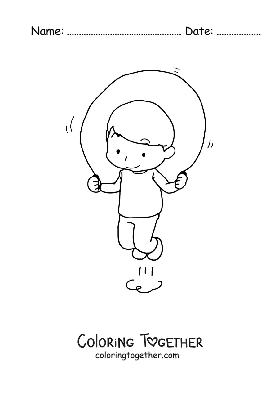 Coloring page of a boy jumping rope