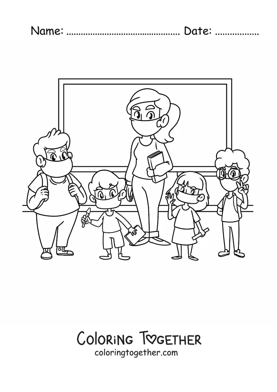 Coloring page of a teacher with her students wearing face masks