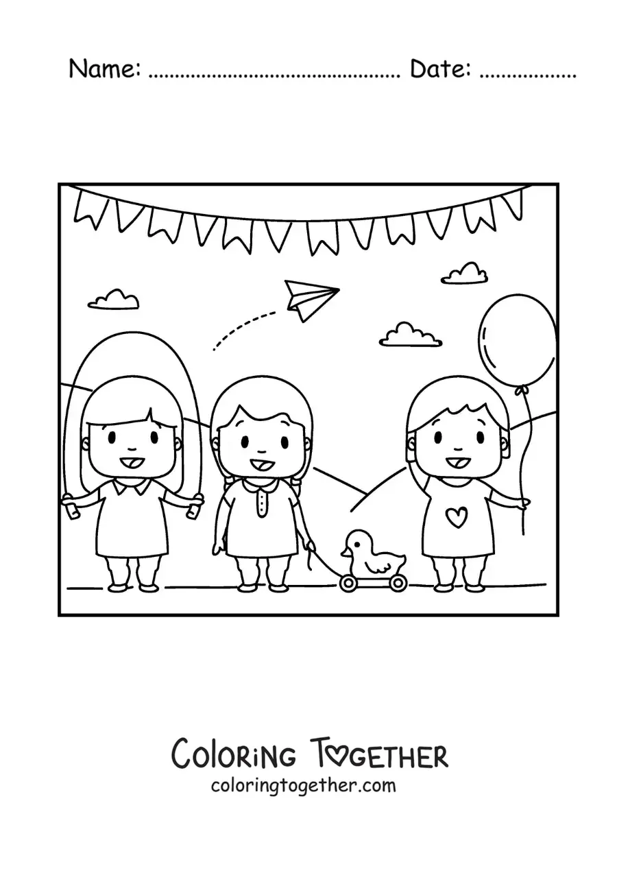 Coloring page of a girl jumping rope in the park