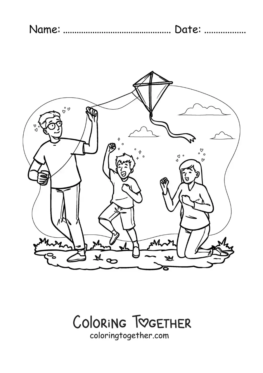 Coloring page of children flying a kite with their dad in the park
