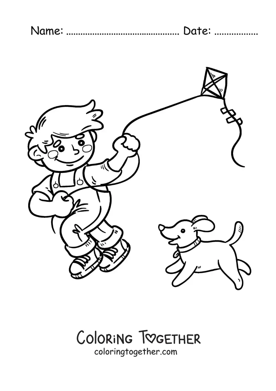 Coloring page of a boy flying a kite with his dog