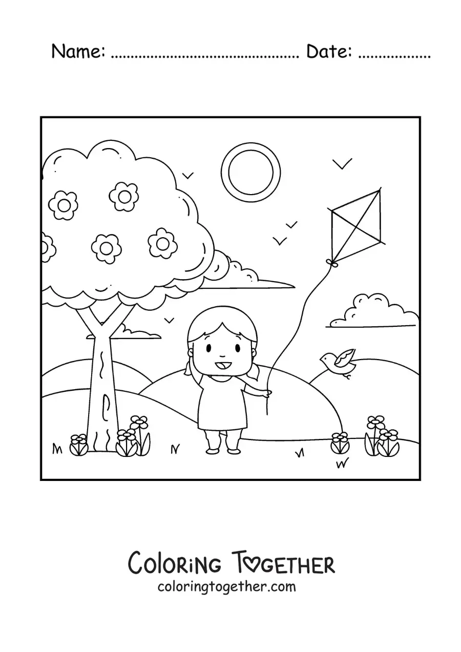Coloring page of a girl flying a kite in the park