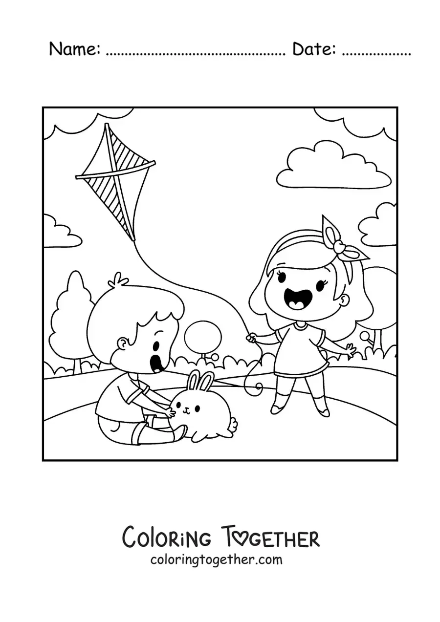 Coloring page of animated girls flying a kite in the park