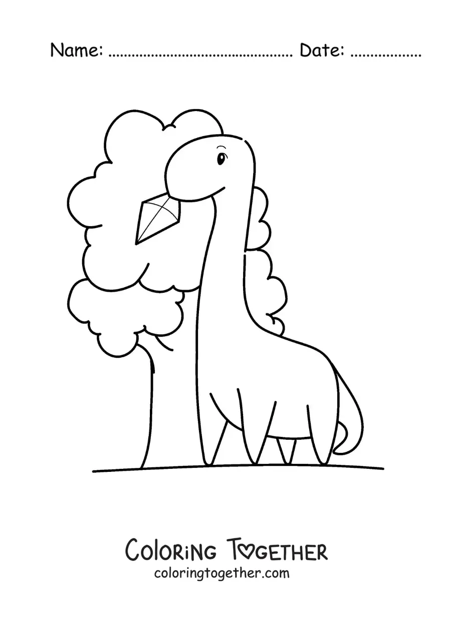 Coloring page of an animated dinosaur getting a kite out of a tree