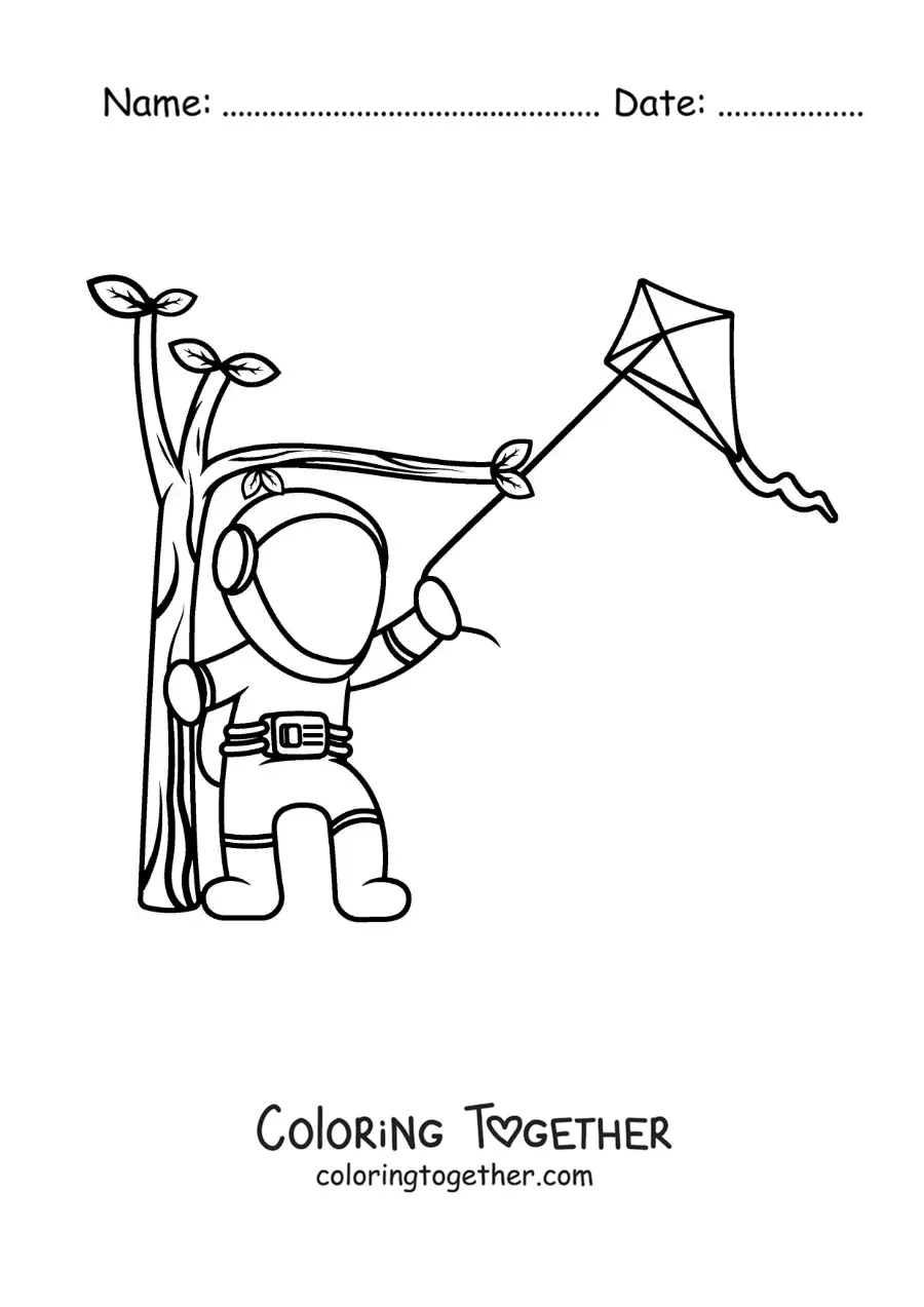 Coloring page of an astronaut flying a kite in the park