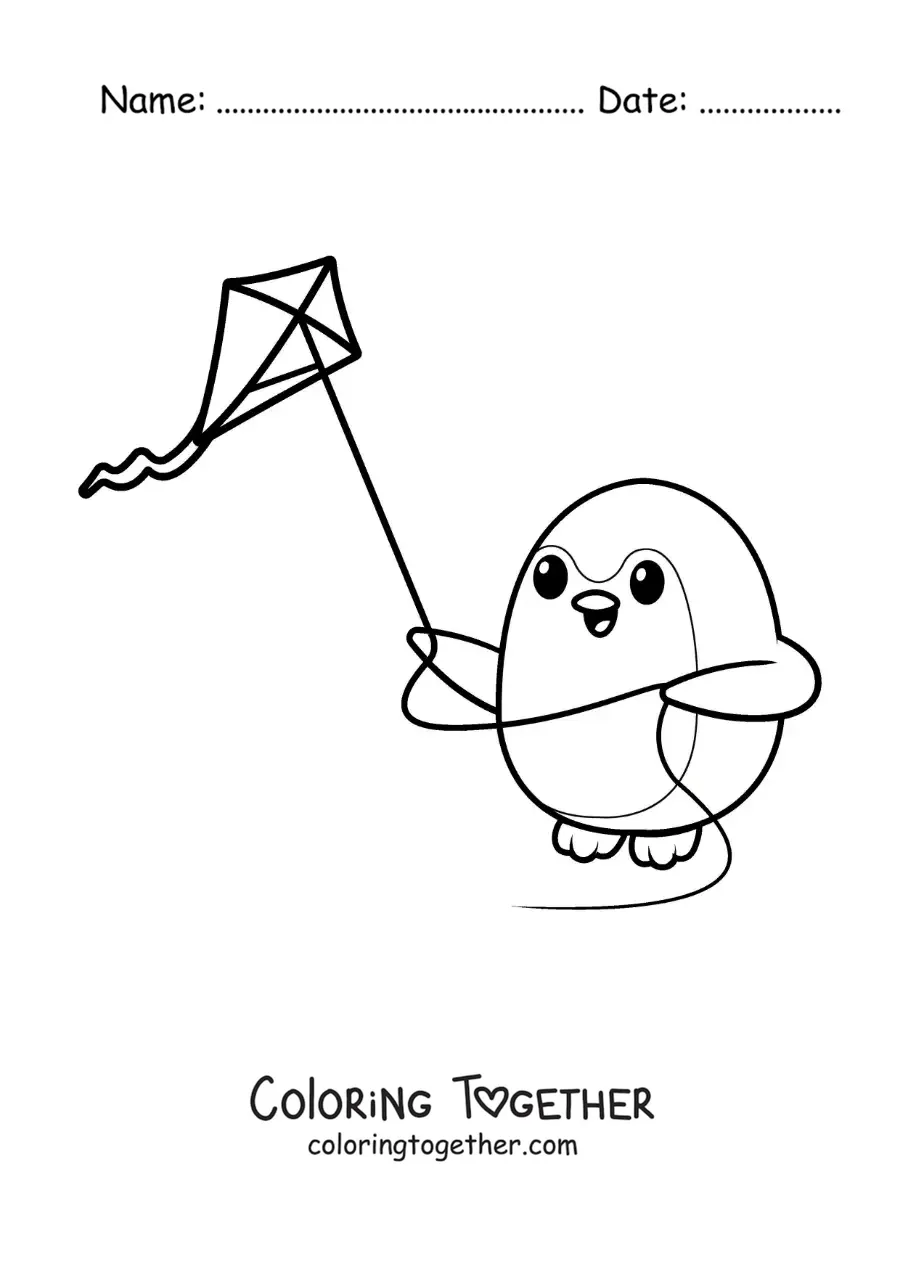 Coloring page of an animated penguin flying a kite