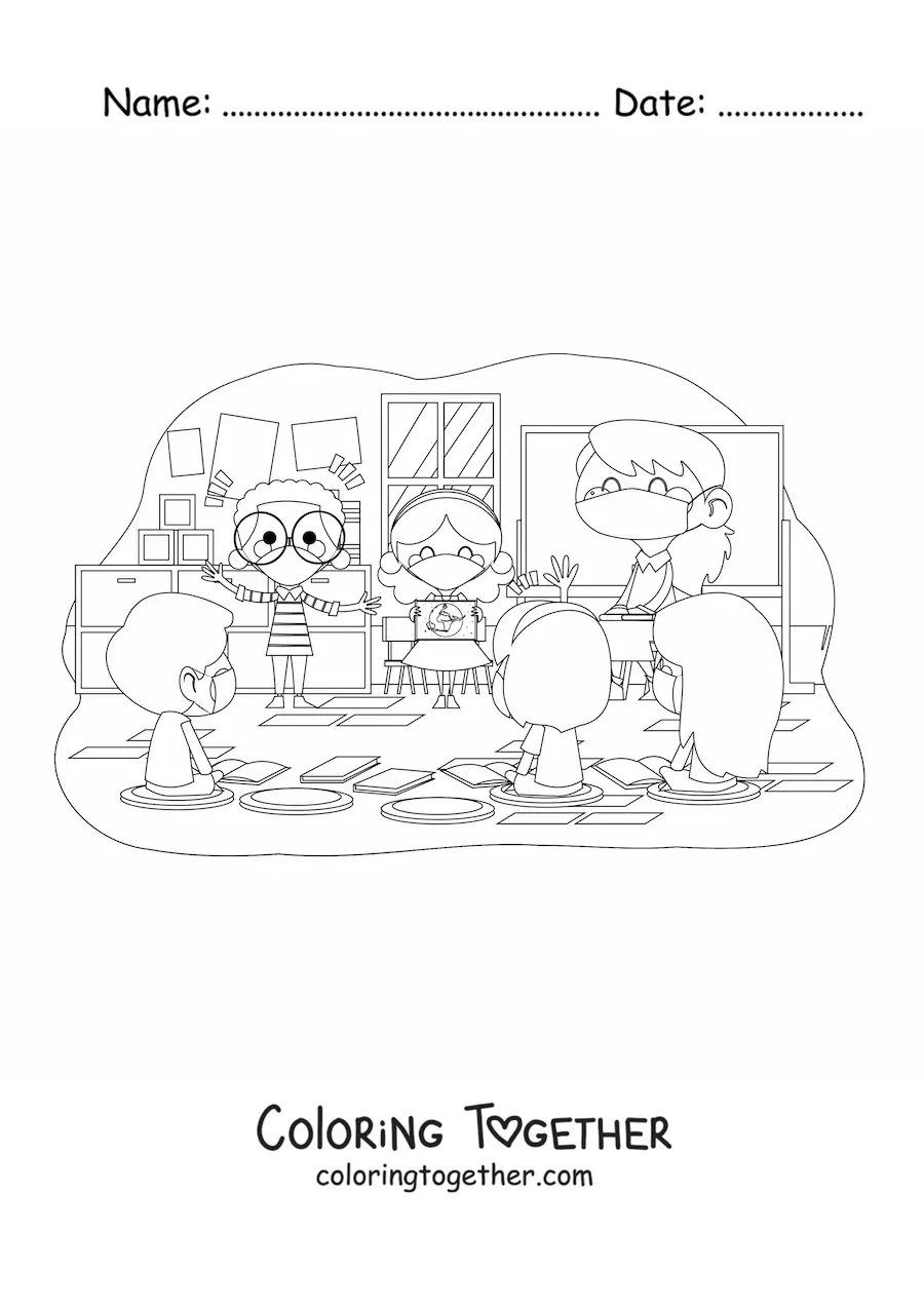 Coloring page of a teacher and students in a classroom wearing face masks