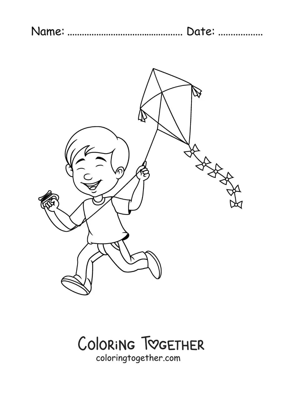 Coloring page of a boy flying a kite