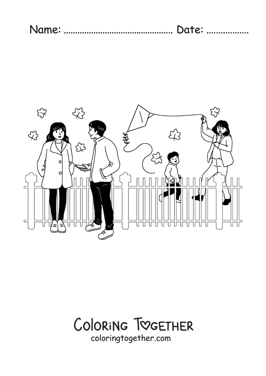 Coloring page of a boy flying a kite with his mom in the park