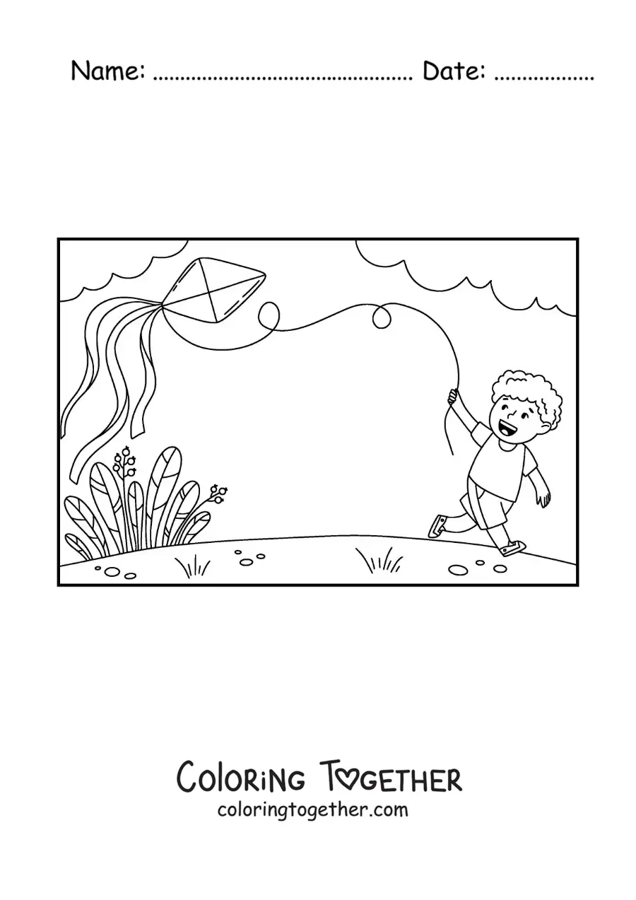 Coloring page of a boy flying a paper kite in the park