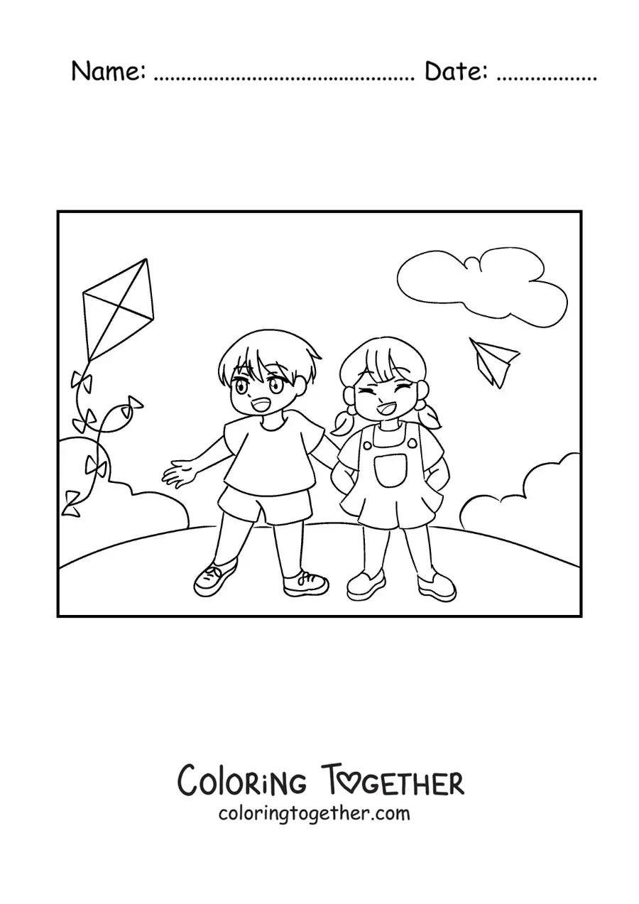 Coloring page of two animated children flying kites in the park