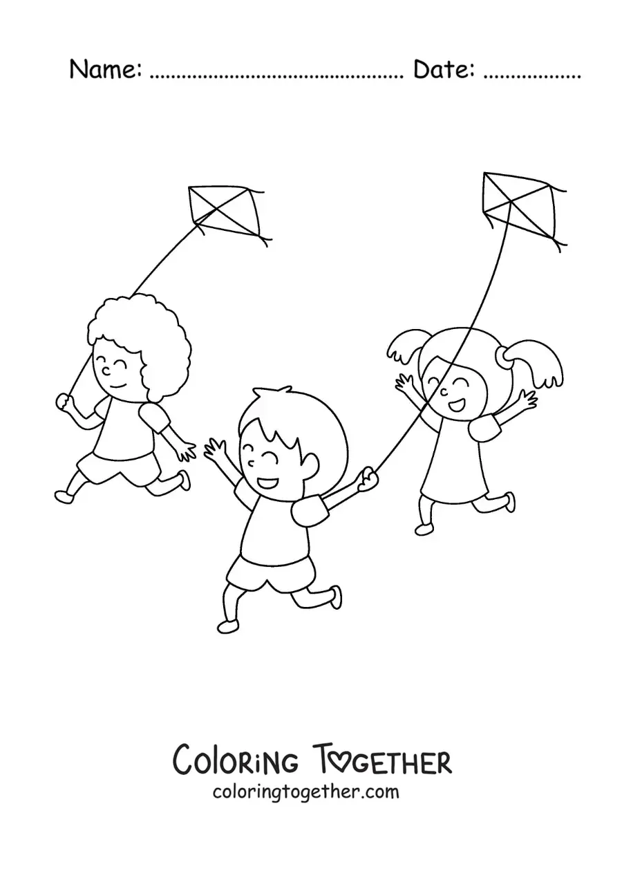 Coloring page of children running and flying kites
