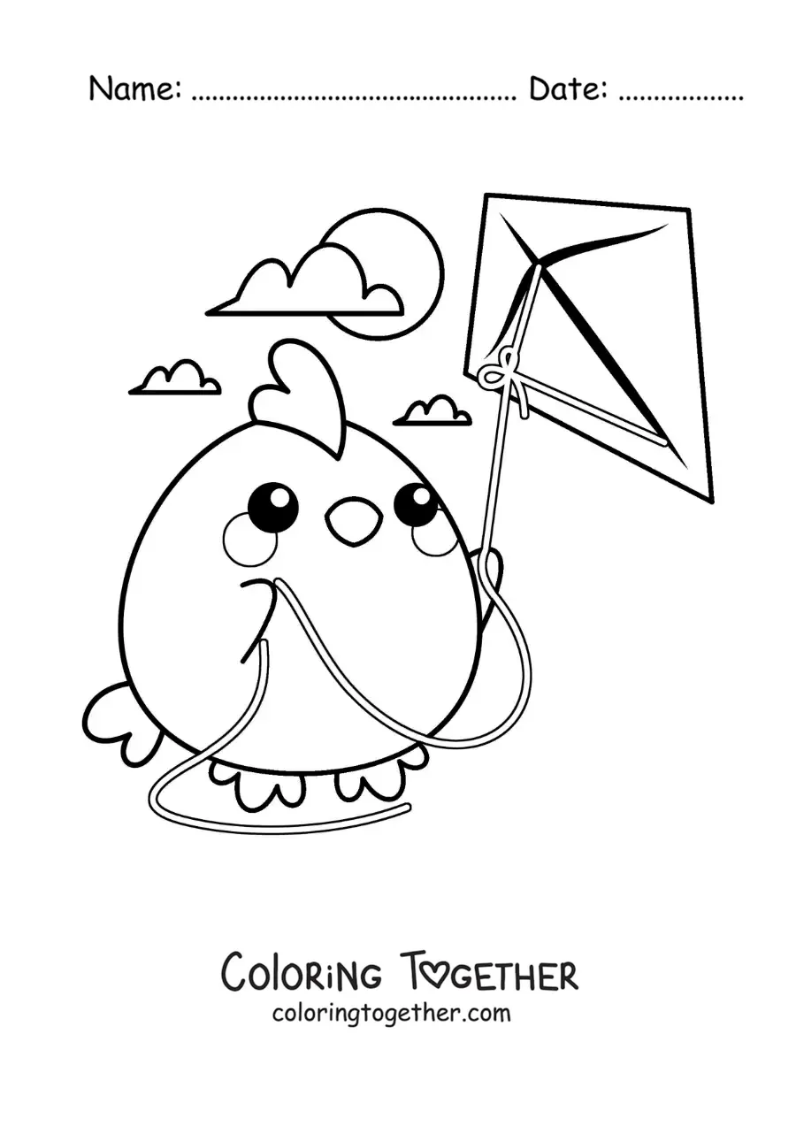 Coloring page of an animated hen flying a kite