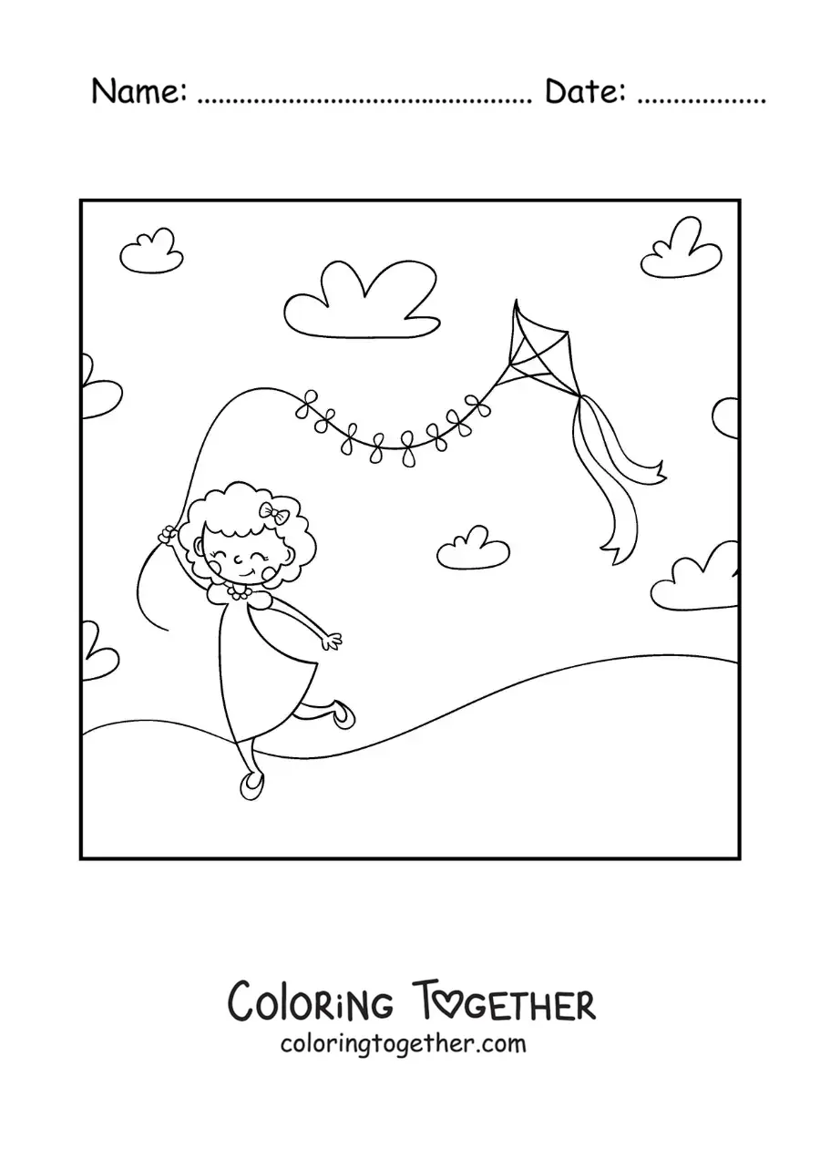 Coloring page of an animated girl flying a paper kite