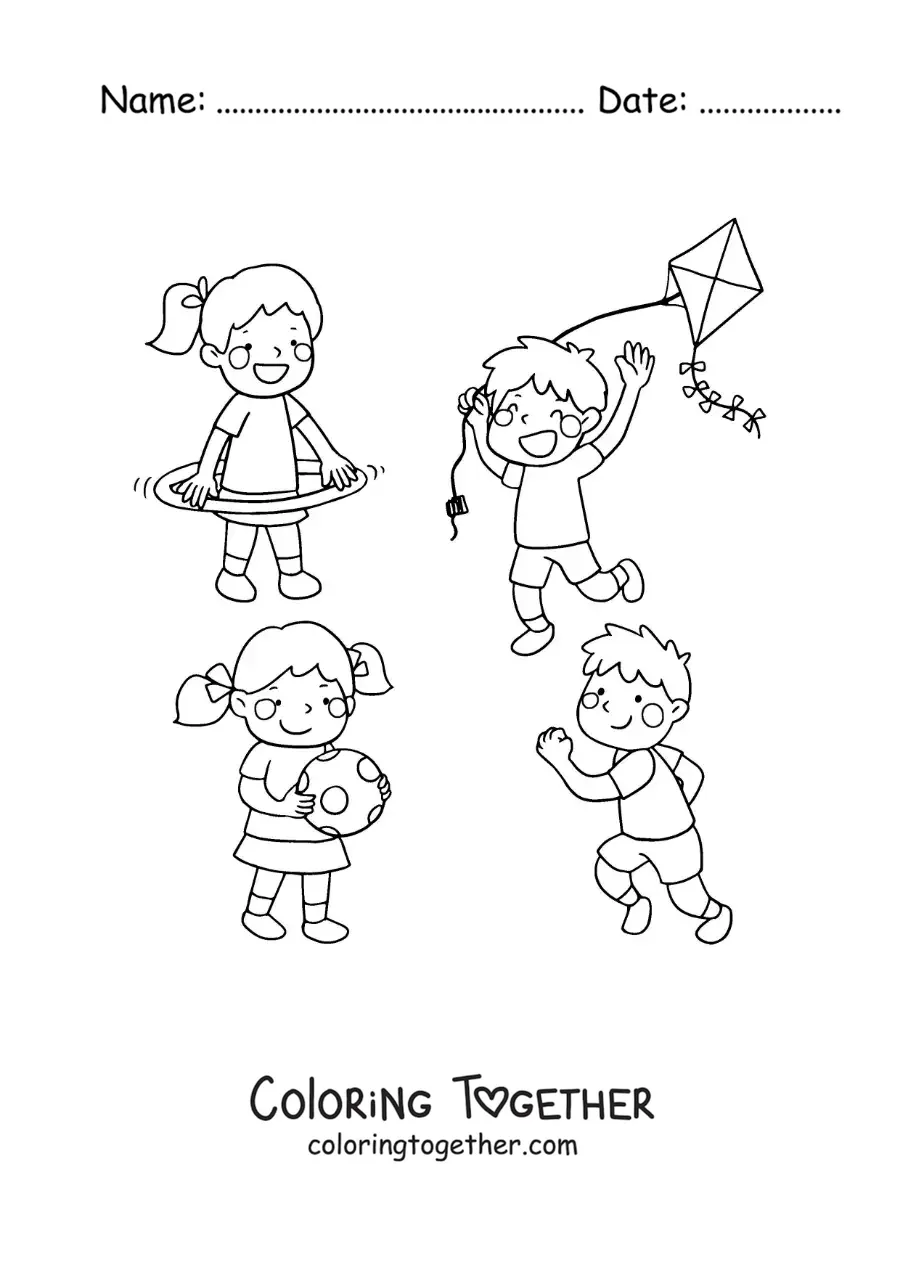 Coloring page of a boy flying a kite next to other children playing