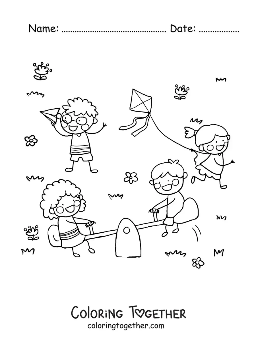 Coloring page of a girl flying a kite next to other children in the park