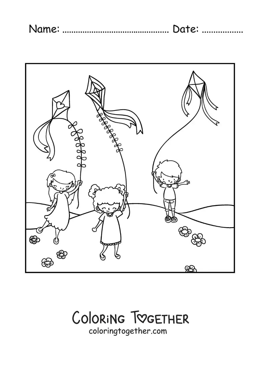 Coloring page of children flying paper kites in the park
