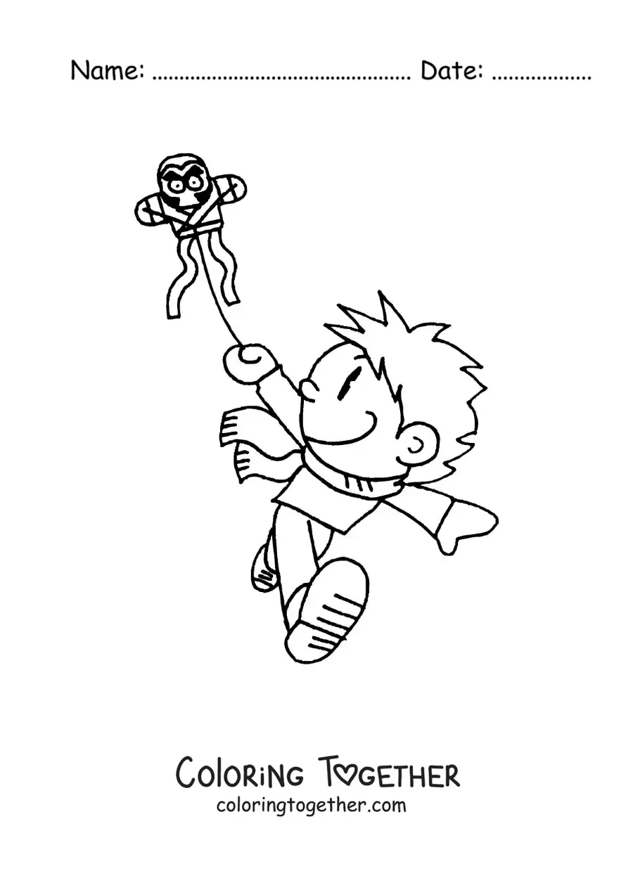 Coloring page of a cartoon of a boy flying a kite