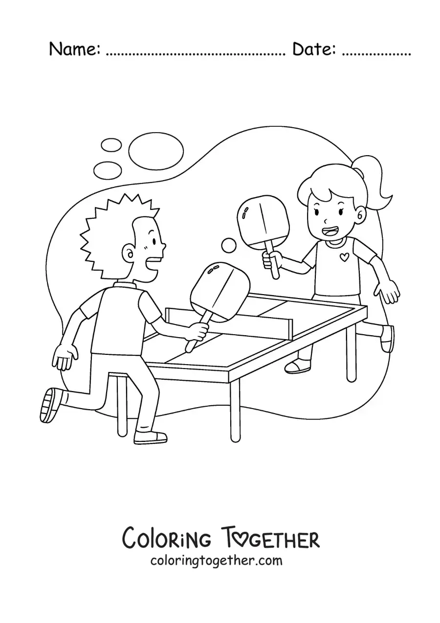 Coloring page of a girl and a boy playing ping pong