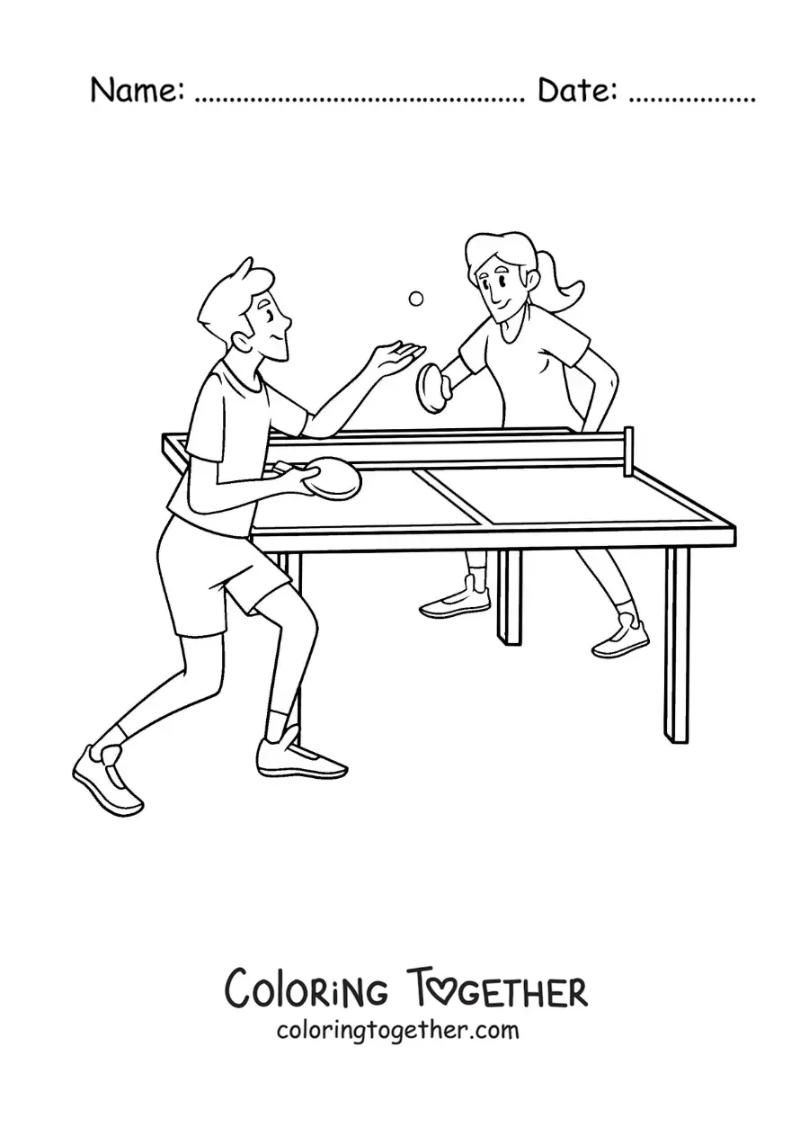 Coloring page of kids playing table tennis