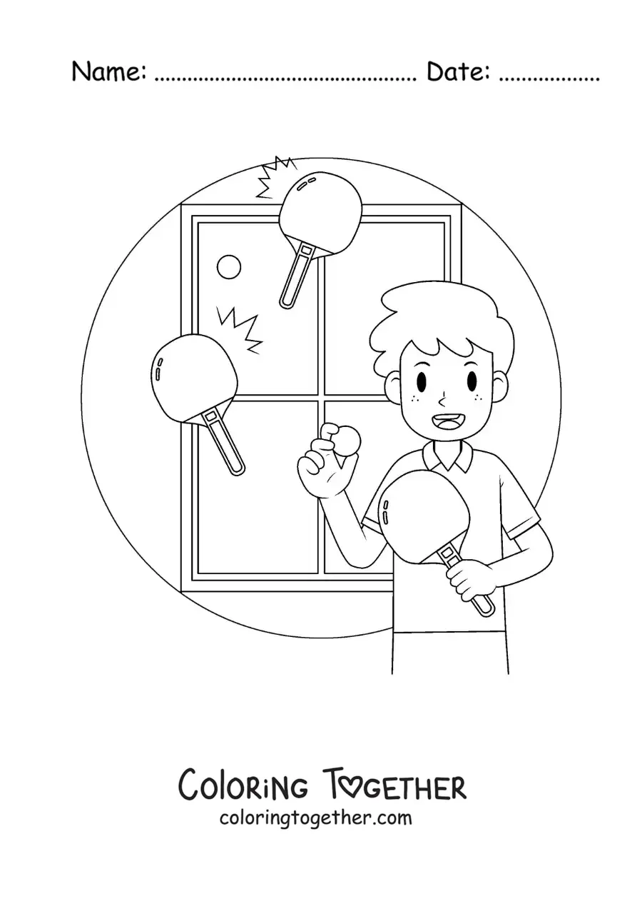 Coloring page of a boy with a ping pong table and paddles