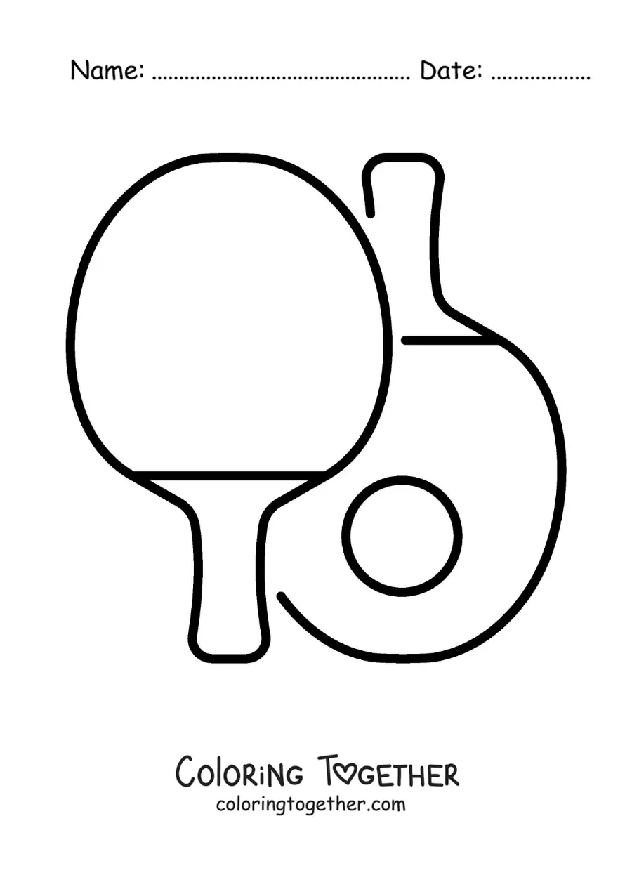 Coloring page of a ping pong ball and paddles