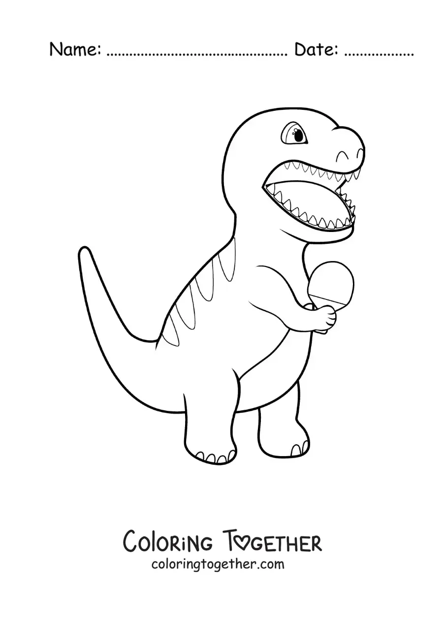 Coloring page of an animated dinosaur playing table tennis