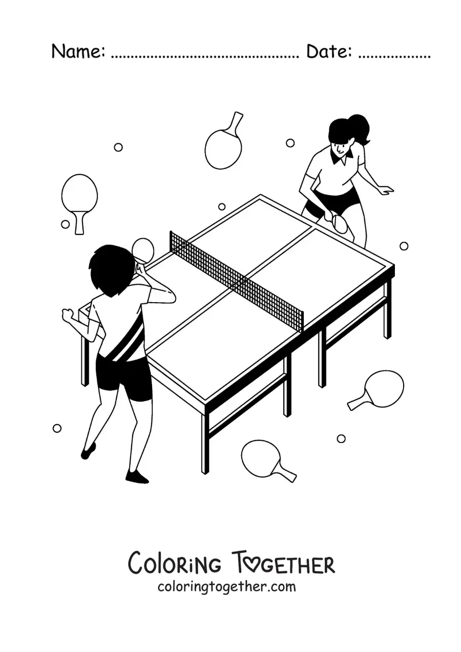 Coloring page of girls playing ping pong