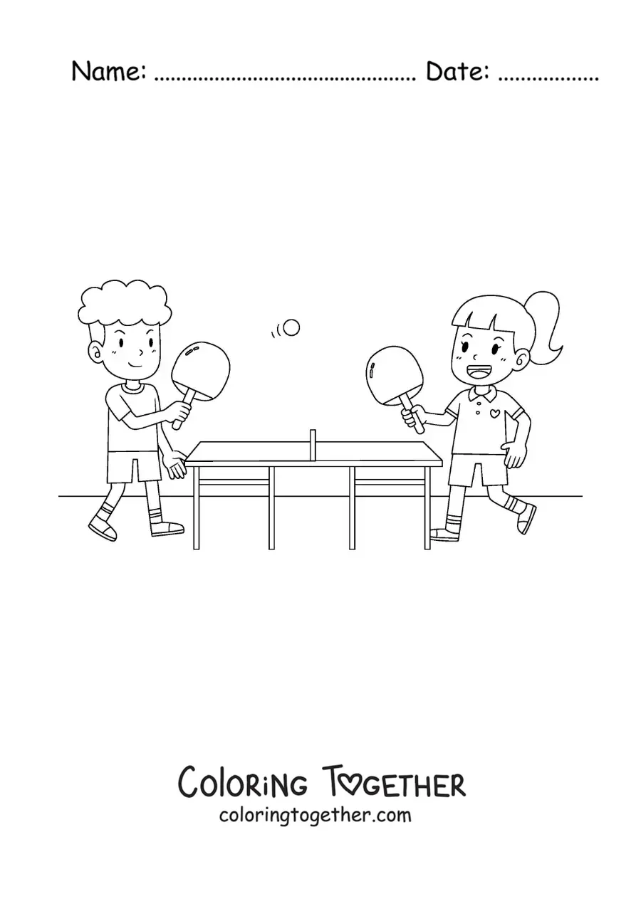 Coloring page of children in a ping pong match