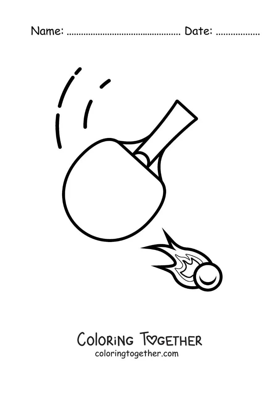 Coloring page of a ping pong paddle hitting the ball