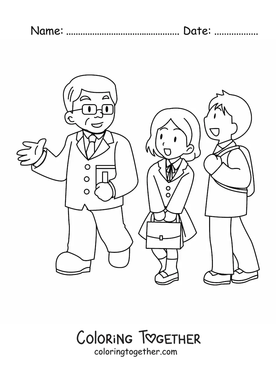Coloring page of a teacher chatting with two high school students