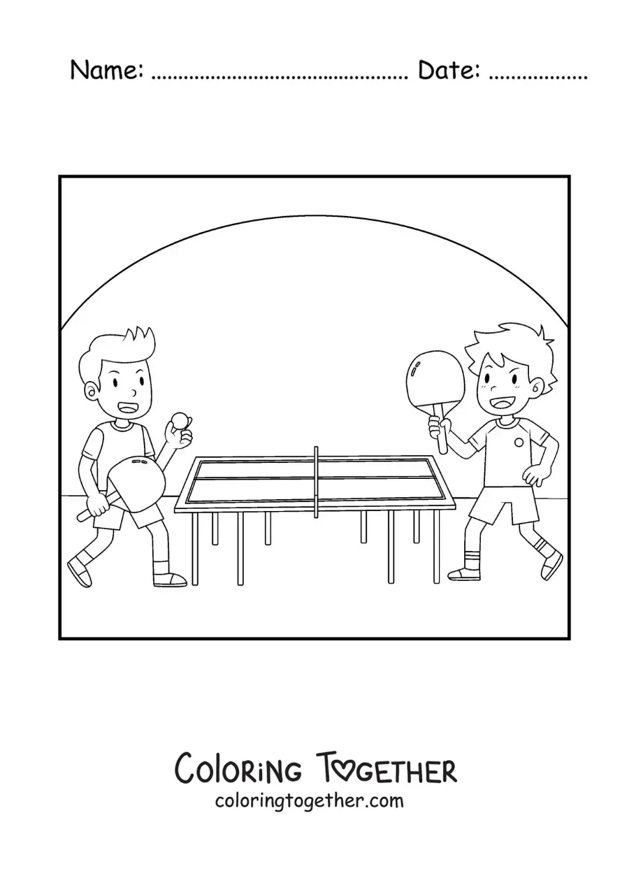 Coloring page of children in a table tennis match