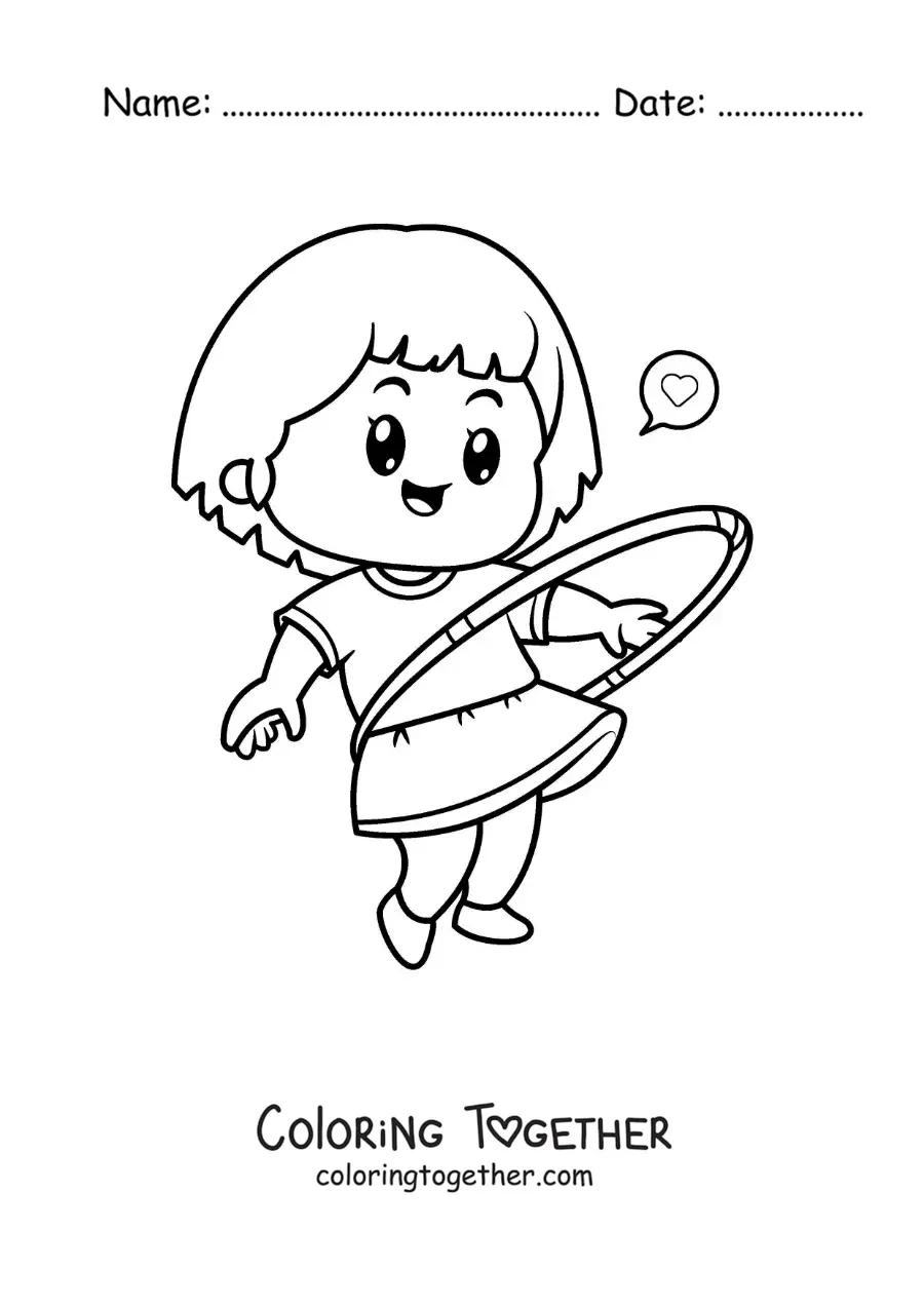 Coloring page of a girl playing with a hula hoop