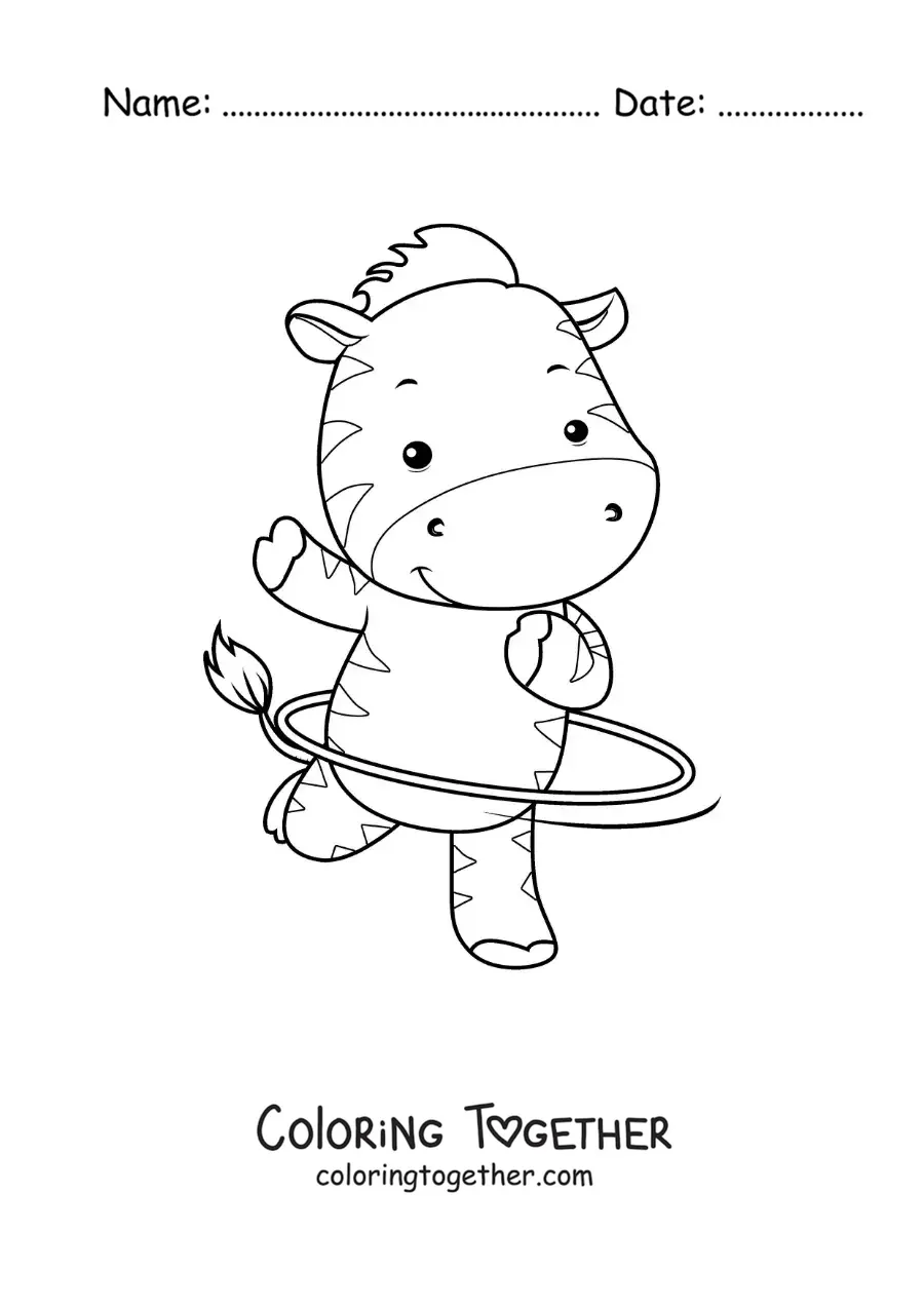 Coloring page of an animated zebra with a hula hoop
