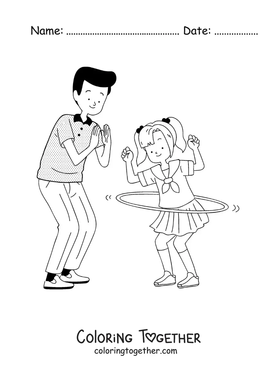 Coloring page of a girl and her father playing with a hula hoop