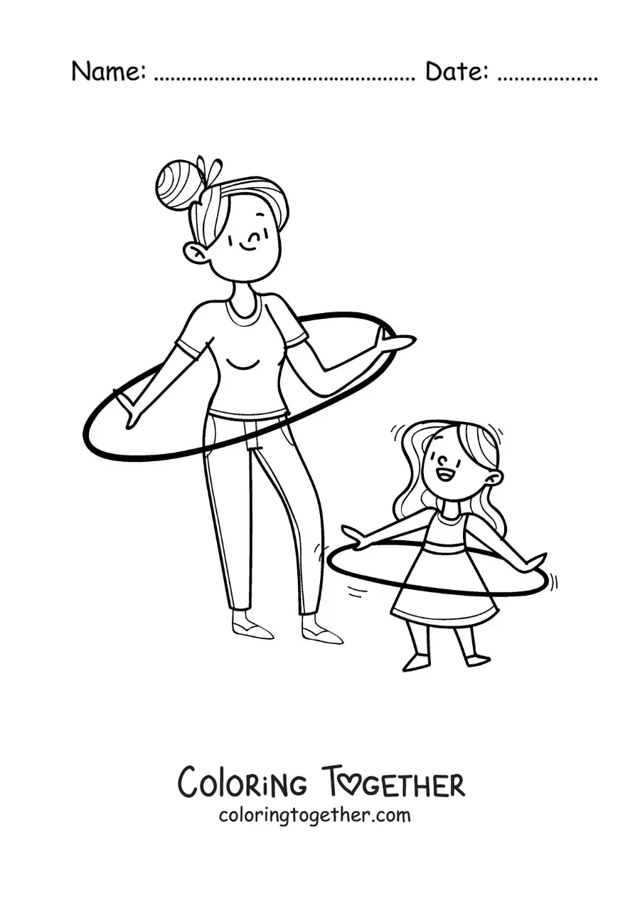 Coloring page of a girl and her mother dancing with a hula hoop