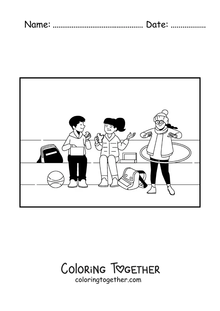 Coloring page of children at recess with a hula hoop