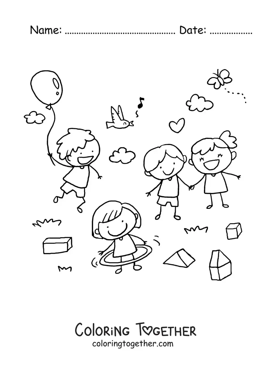 Coloring page of a girl in the park playing with a hula hoop