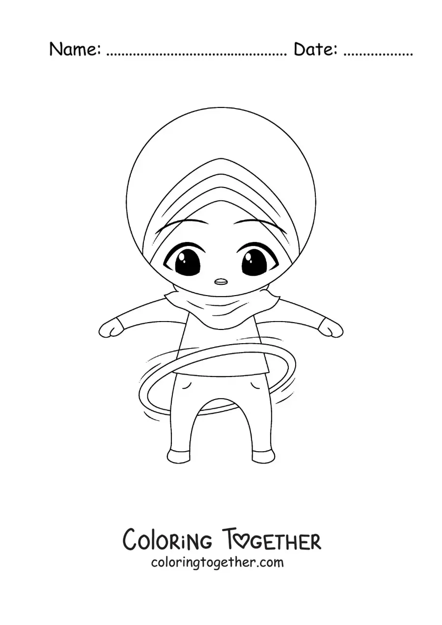 Coloring page of a Muslim girl with a hula hoop