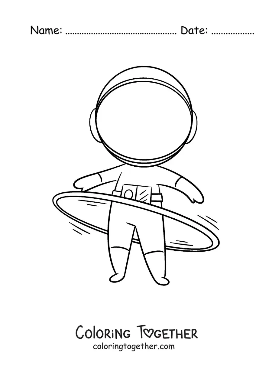 Coloring page of an animated astronaut spinning a hula hoop