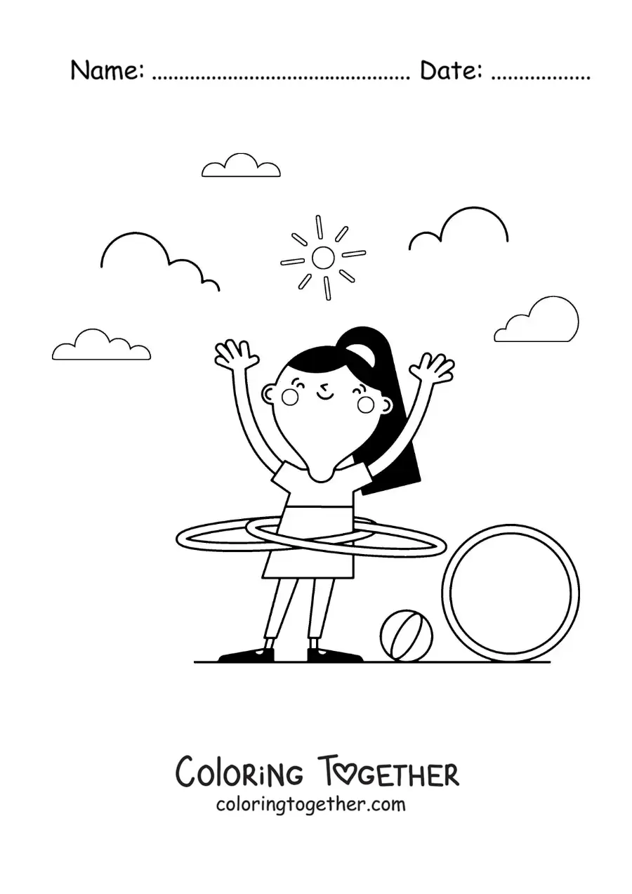 Coloring page of a girl in the park dancing with a hula hoop