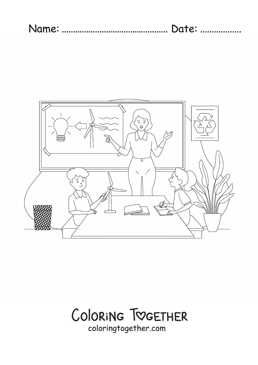 Coloring page of a teacher and two students in an ecology class