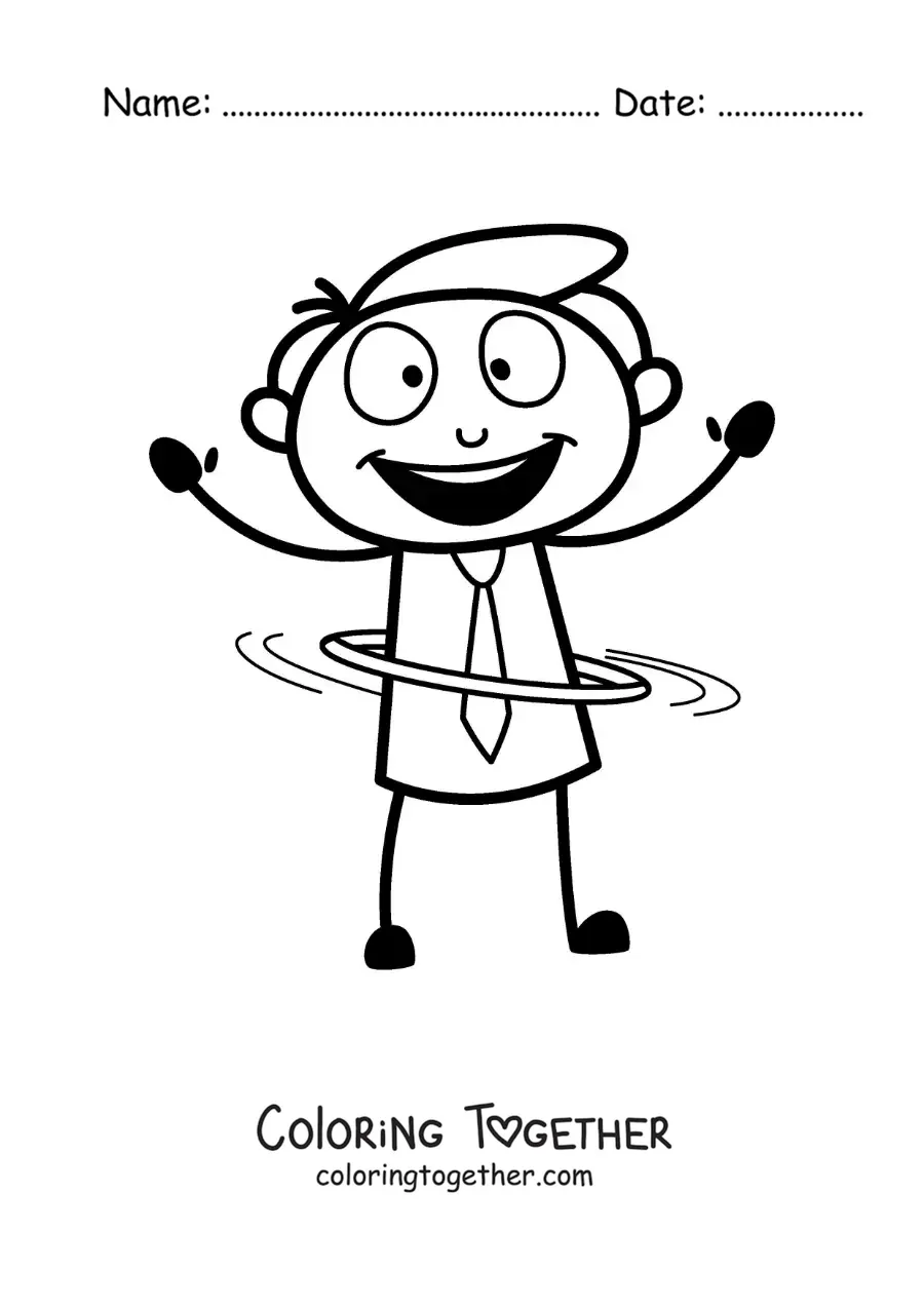 Coloring page of a cartoon of a man dancing with a hula hoop