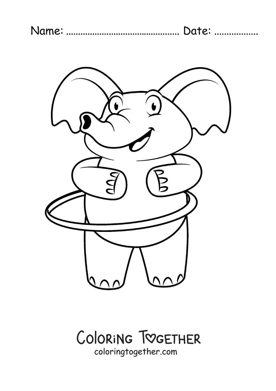 Coloring page of an animated elephant with a hula hoop