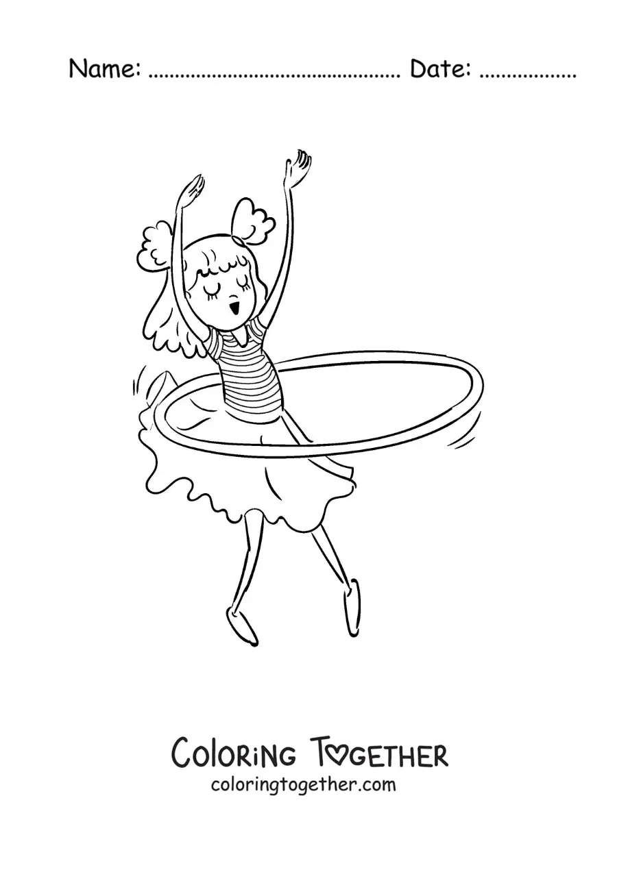 Coloring page of a girl dancing with a hula hoop